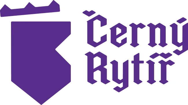 Logo obchodu Černý Rytíř — fialový štít s korunou a gotickým nápisem